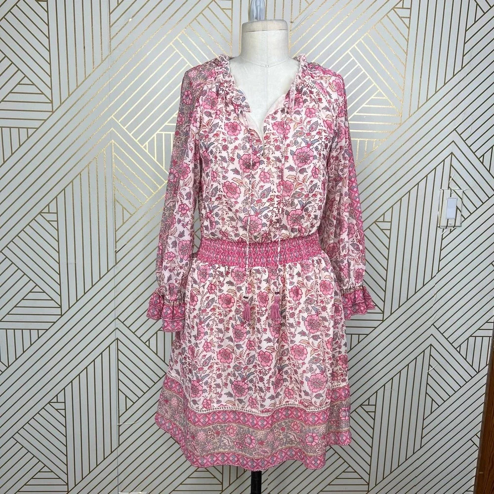 Anthropologie Love The Label Dress Long Sleeve Floral Print Pink Cream Size XS